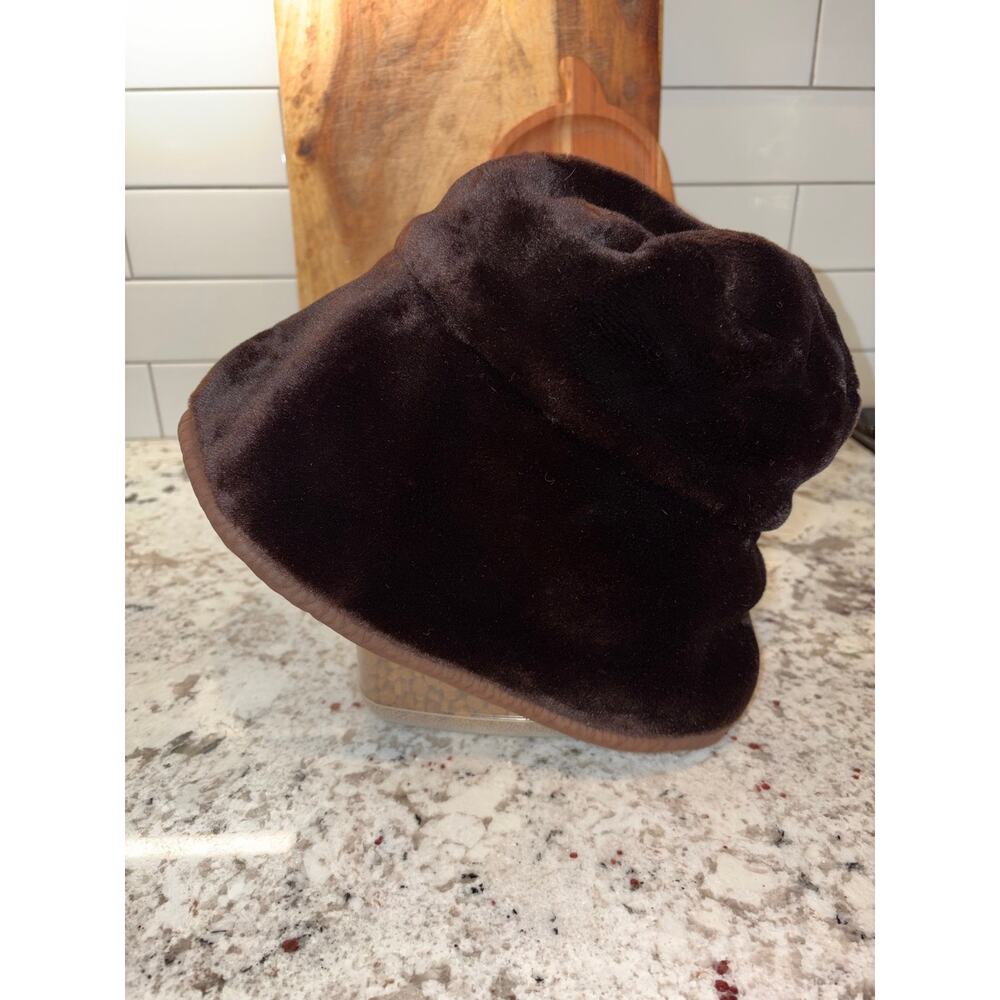 Gilly Forge London Brown Faux Fur Bucket Hat Leather Trim Vintage